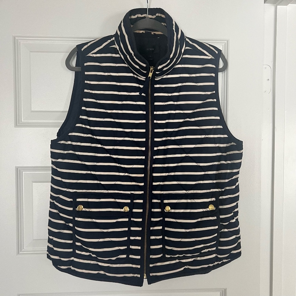 J. Crew Navy Blue White Striped Full Zip Sleeveless Quilted Puffer Vest